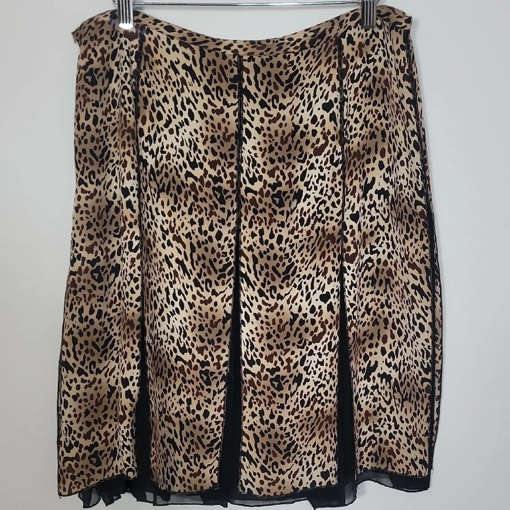 Sunny Leigh Leopard Print 100% Silk Skirt Size 12 Midi Knee Y2K Whimsigoth 90s
